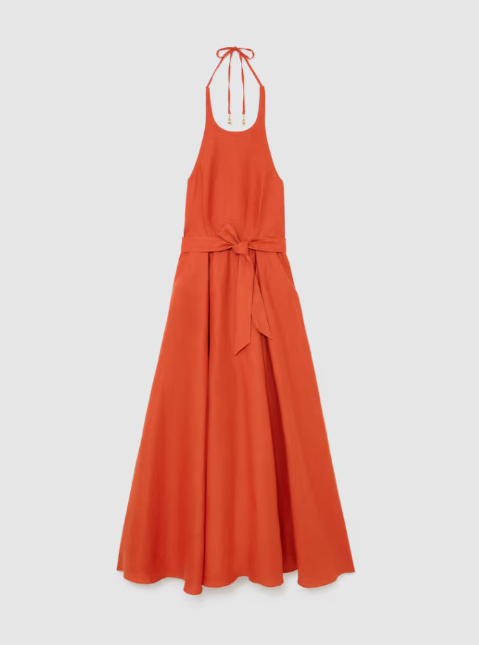 AUTH REISS Paules Linen Open-Back Maxi Dress in Coral Orange UK SZ 68/16