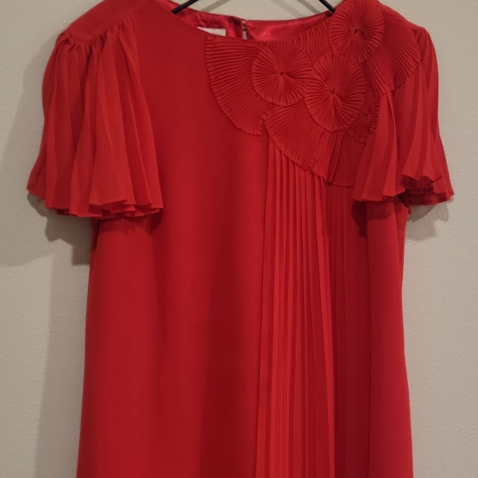 Monsoon Red Polyester Chiffon Pleated A-Line Flutter Sleeve Dress US 6