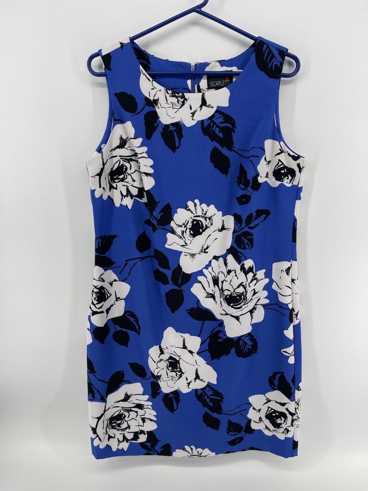 Scarlett Sleeveless Sheath Stretch Dress Size 12 Blue Black White Floral Knee