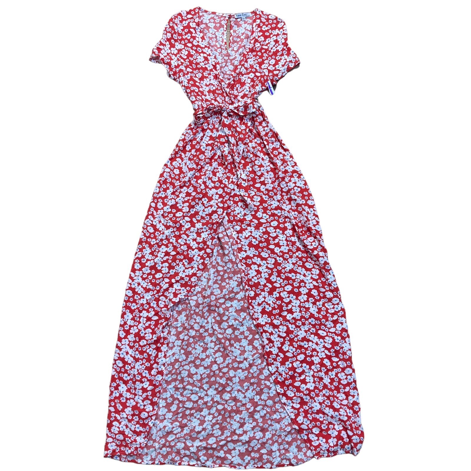 Velvet Torch Women’s Sz XS Red Floral Faux Wrap Midi Dress Short Sleeve NWOT