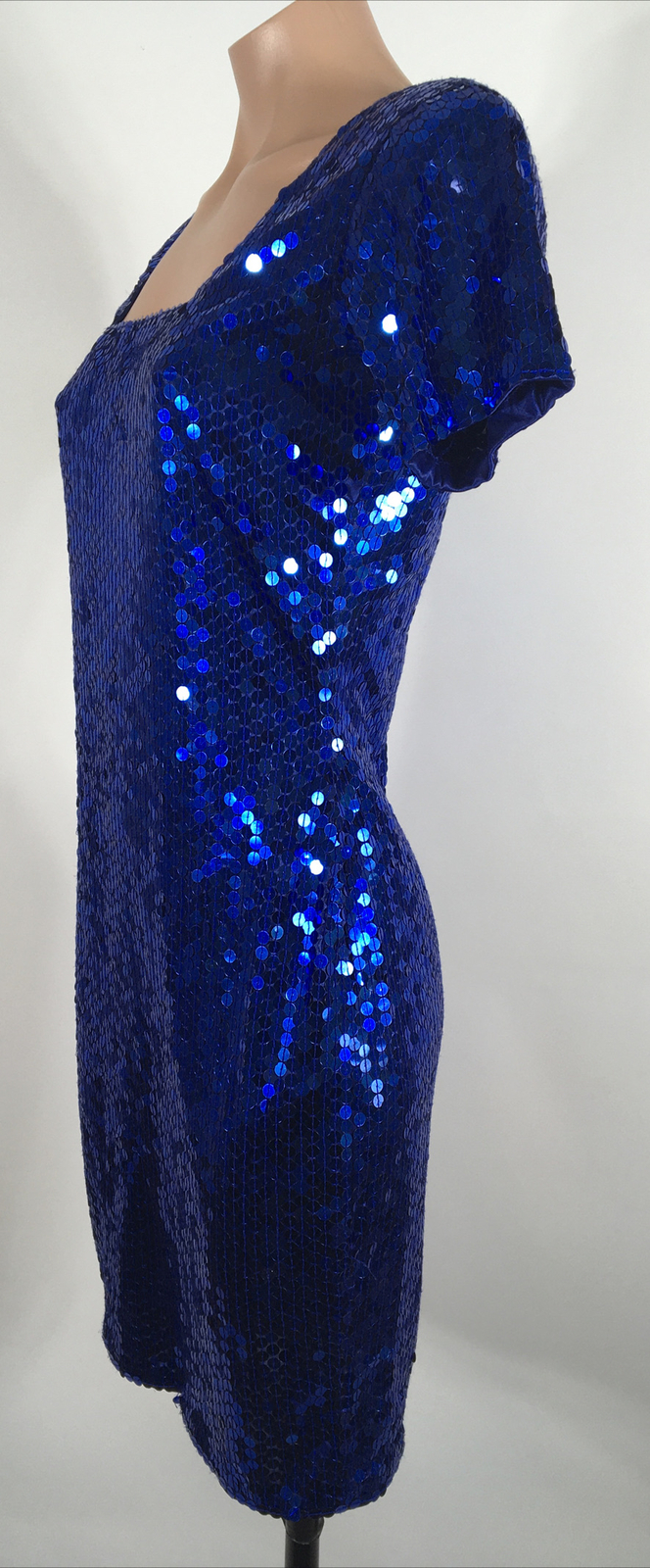 Vintage 90s 80s Blue Square Neck Sequin Dress Blue Party Nite Line Sexy Cocktail