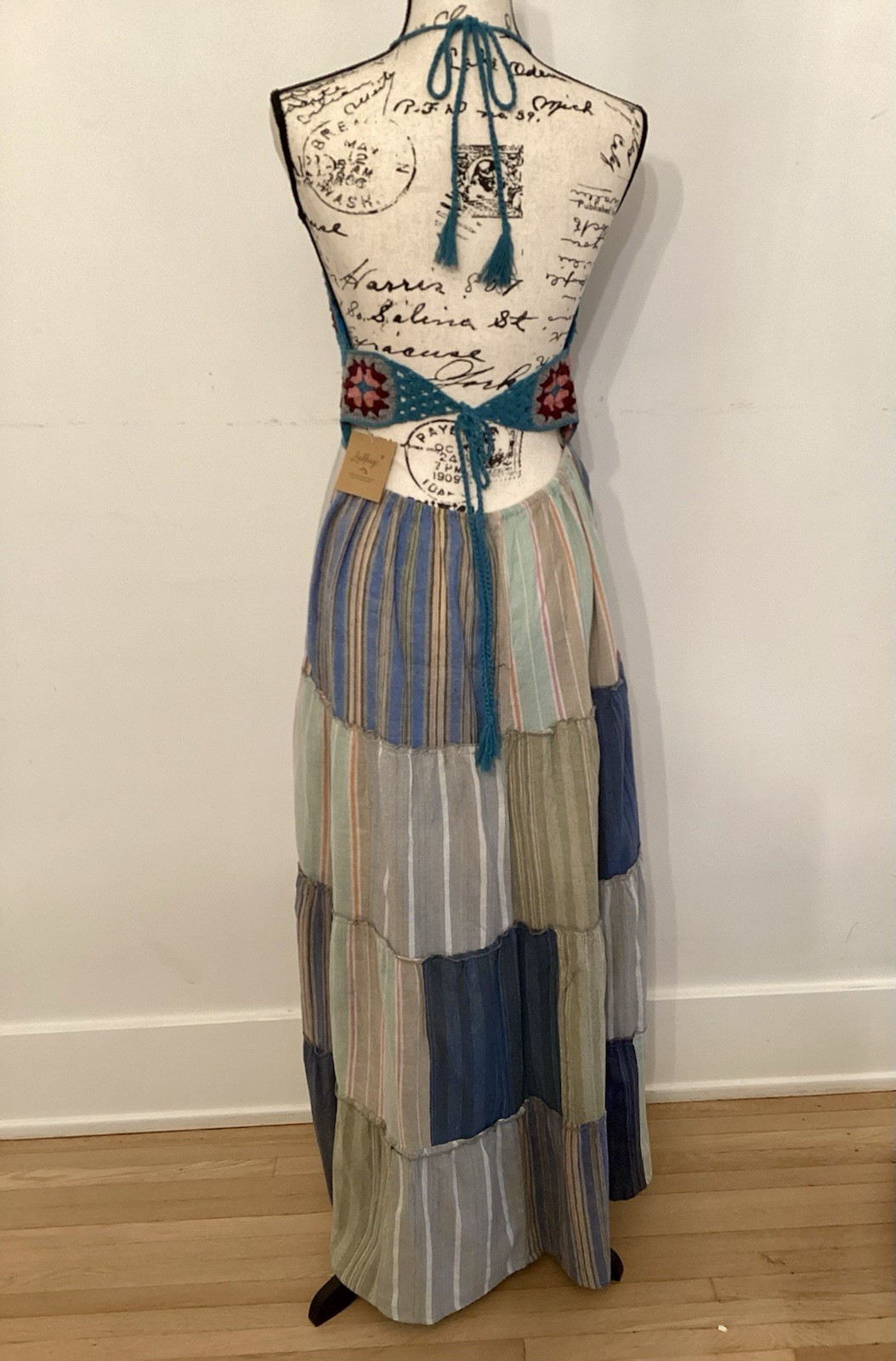 Artisan Boho Crochet Patchwork Maxi Dress Halter Flowy Summer M L NWT