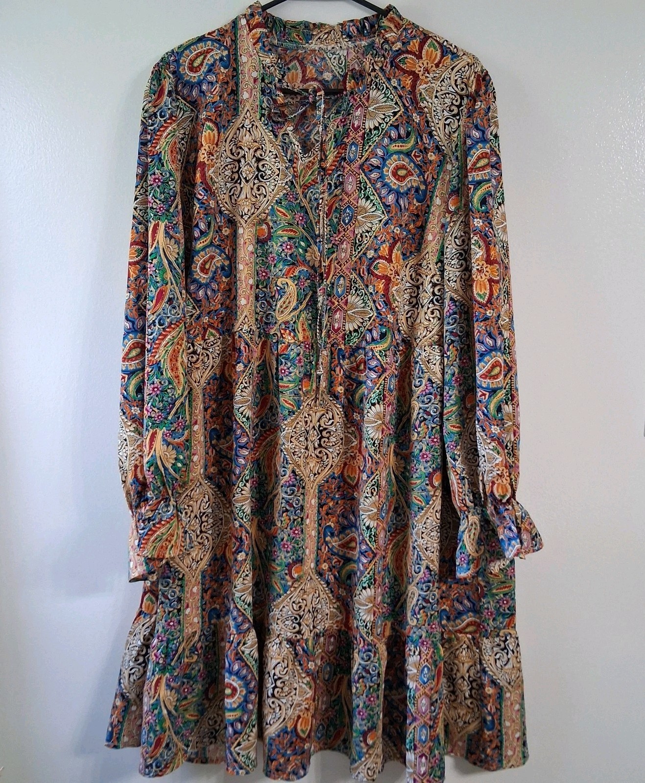 Multicolor Paisley Dress 2XL Ruffle Neck w/ Tie Long Slv Ruffled Cuff & Hem