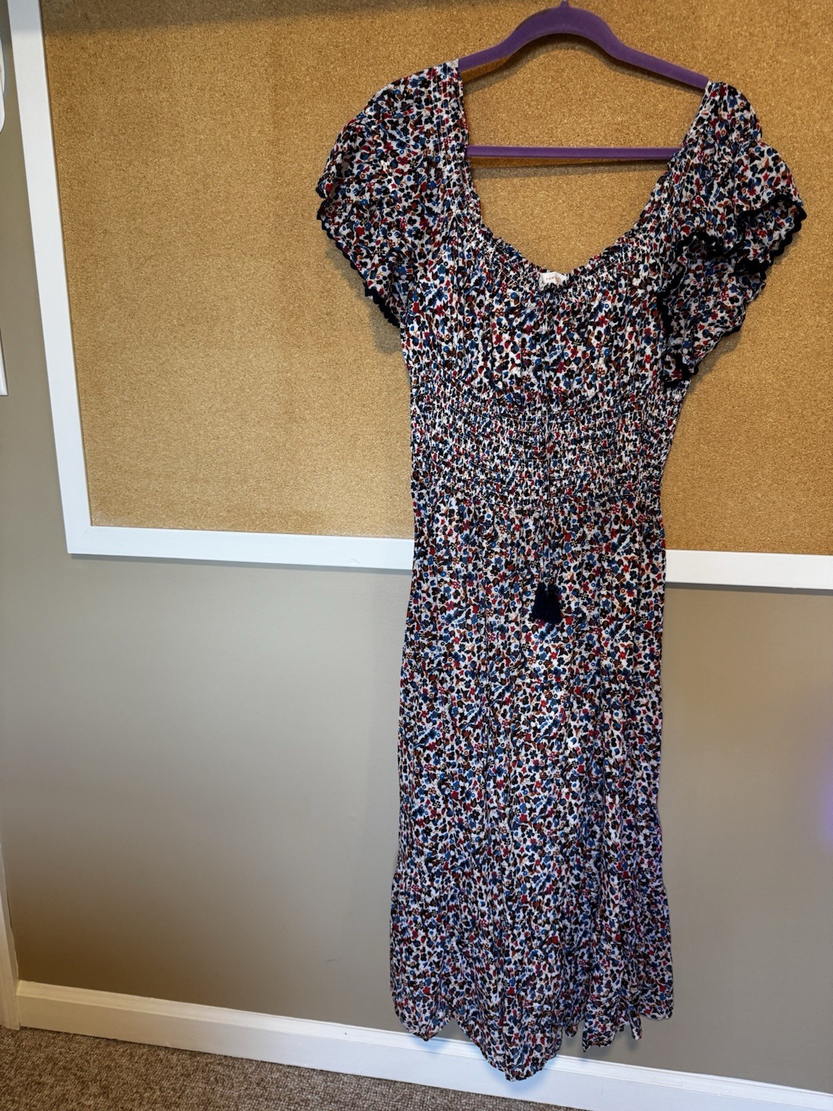 Tory Burch Wildflower Tiered Off Shoulder Smoked Navy Pipping Midi Dress Size L