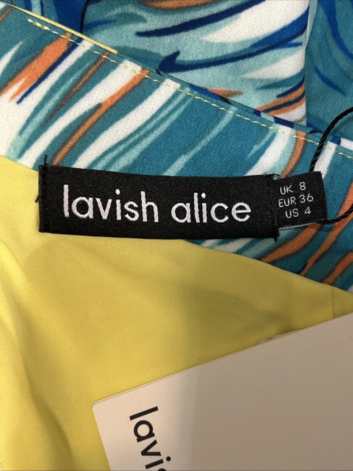 NWT *FLAW* Lavish Alice One Shoulder Cape Midi Dress Yellow Blue Palm Print Sz 4