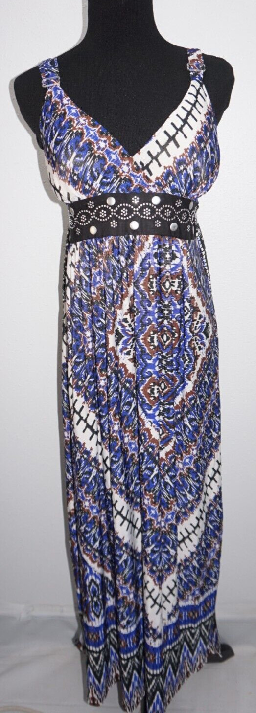 Studio West Maxi Sun Dress Sz M Black Brown Blue Beige
