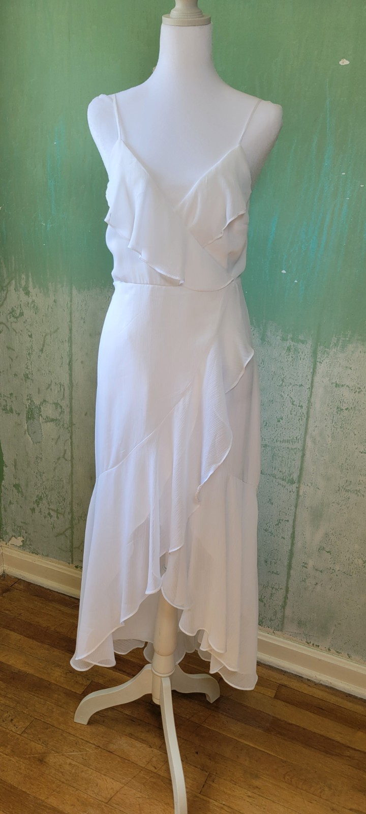 Express White Chiffon V-Neck Spaghetti Strap Hi-Low Ruffle Dress XS