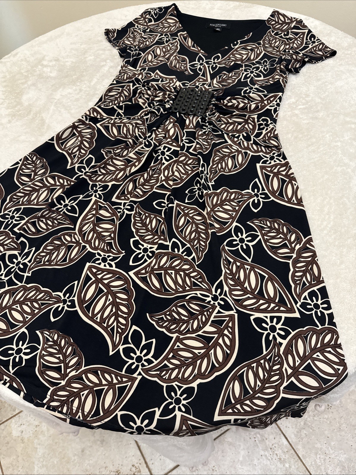 Perception Womens STRETCH Black Brown Beige Floral Fit & Flare Dress 10 Petite