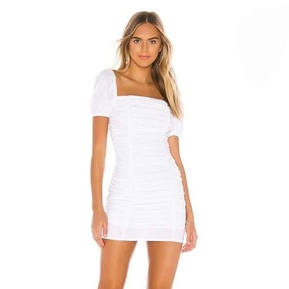 Revolve Superdown Size S White Rumor Ruched Puff Sleeves Mini Dress Cotton NWT