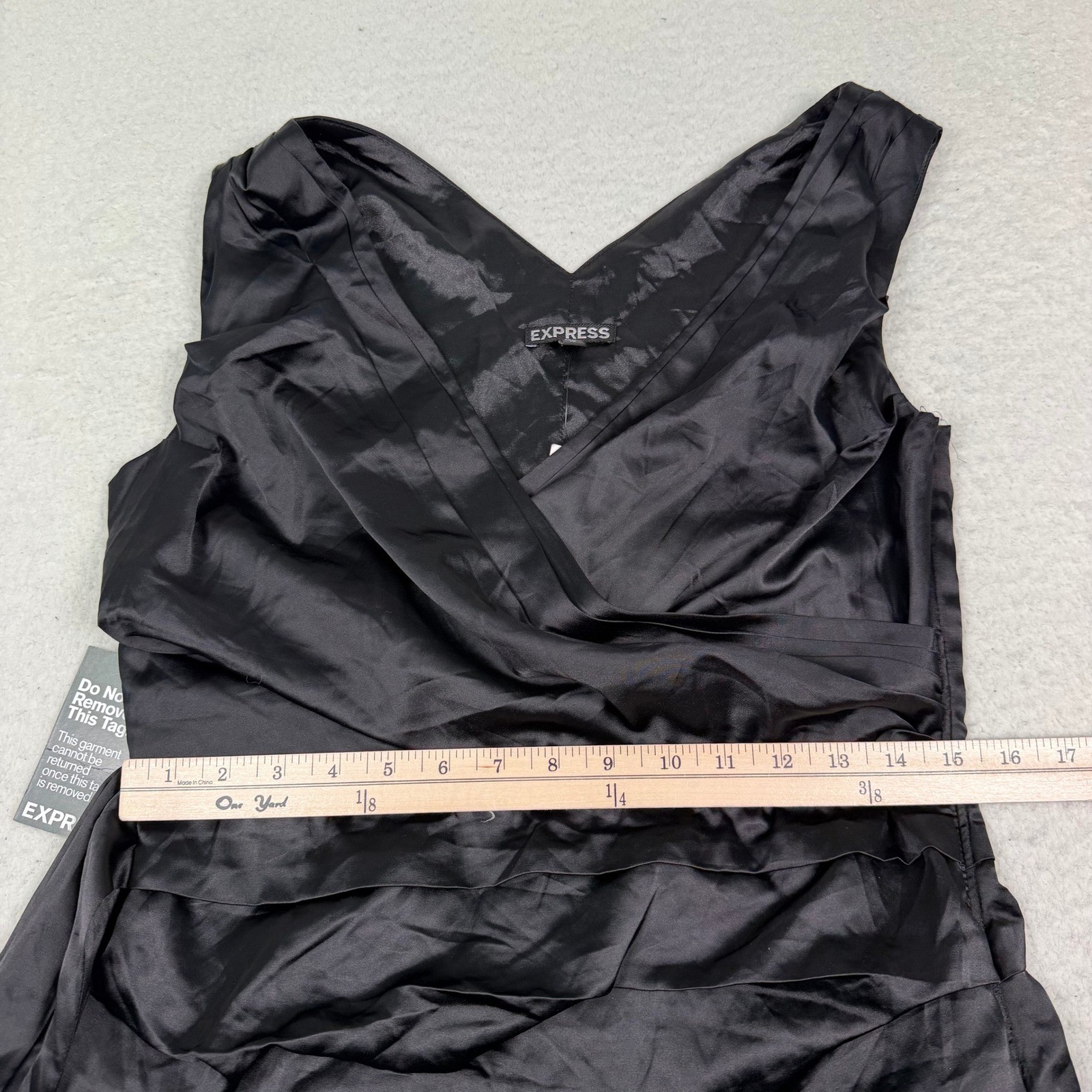 NWD Express Ruched Mini Dress Sz 10 Black Satin Faux Wrap V-Neck Party Cocktail