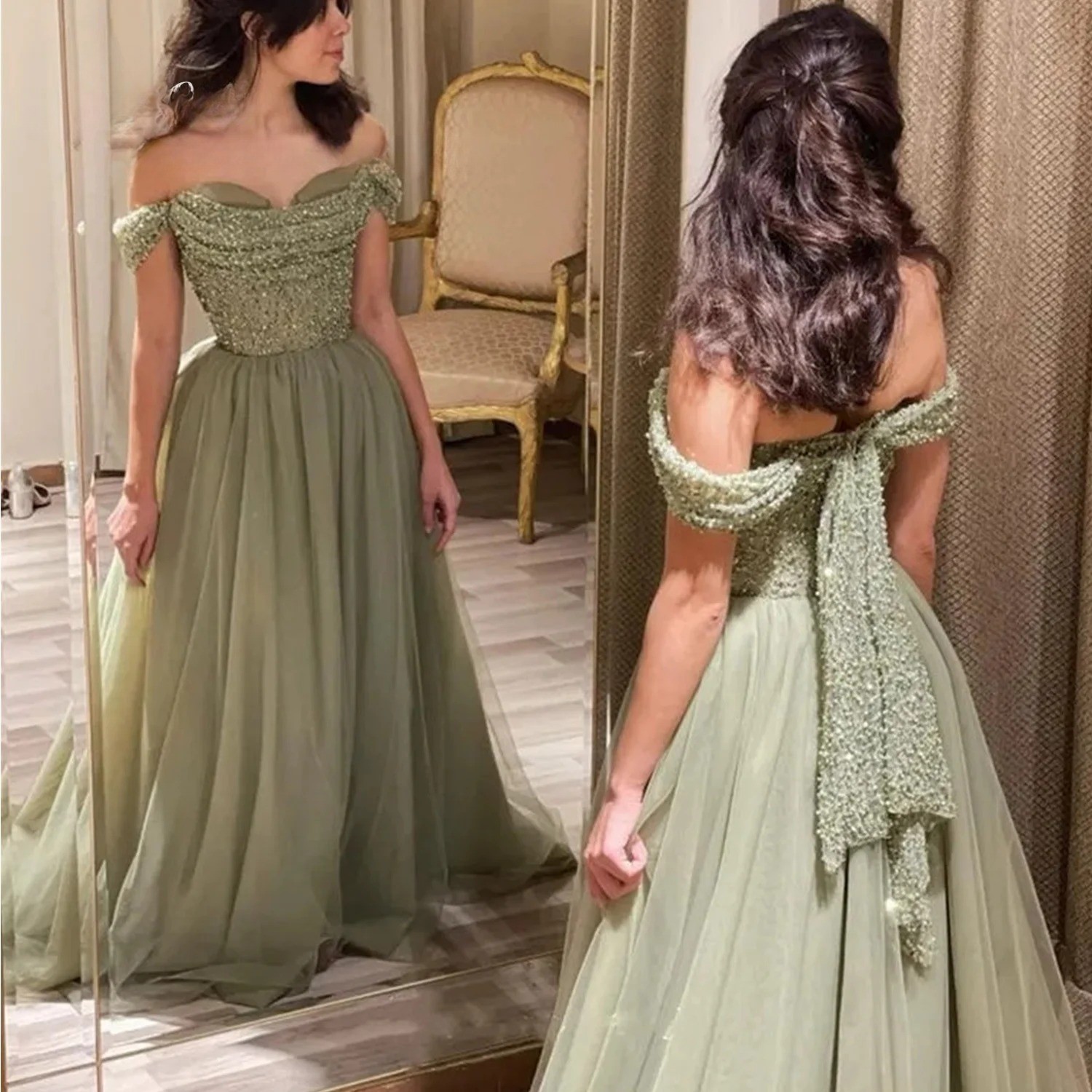 Luxury Party Dresses Green Off Shoulder for Women Handmade Sequins Elegant