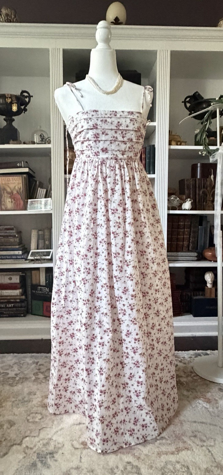 francesca’s Ivory/Pink Floral Maxi Dress Smocked Square Neck Tie Straps S