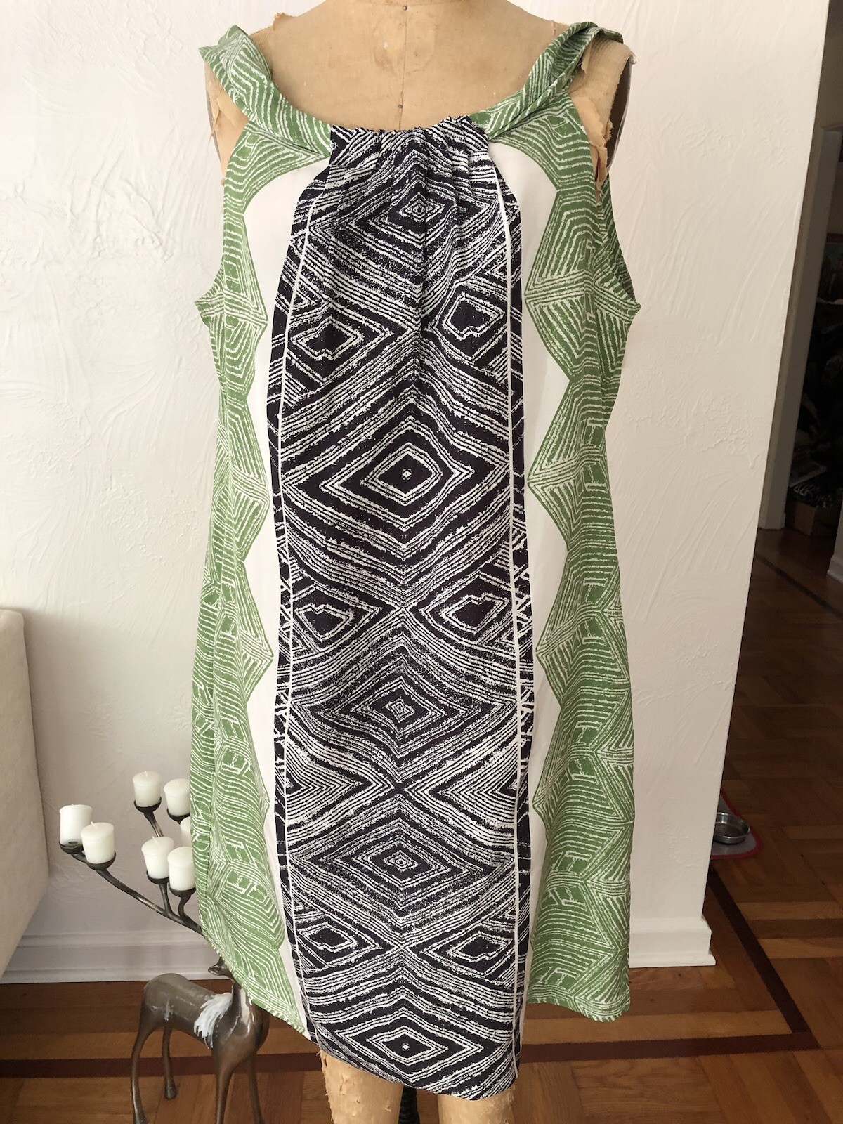 Green Black Tiki Chevron on White Silk BANANA REPUBLIC Shift Tank Dress XL NWT