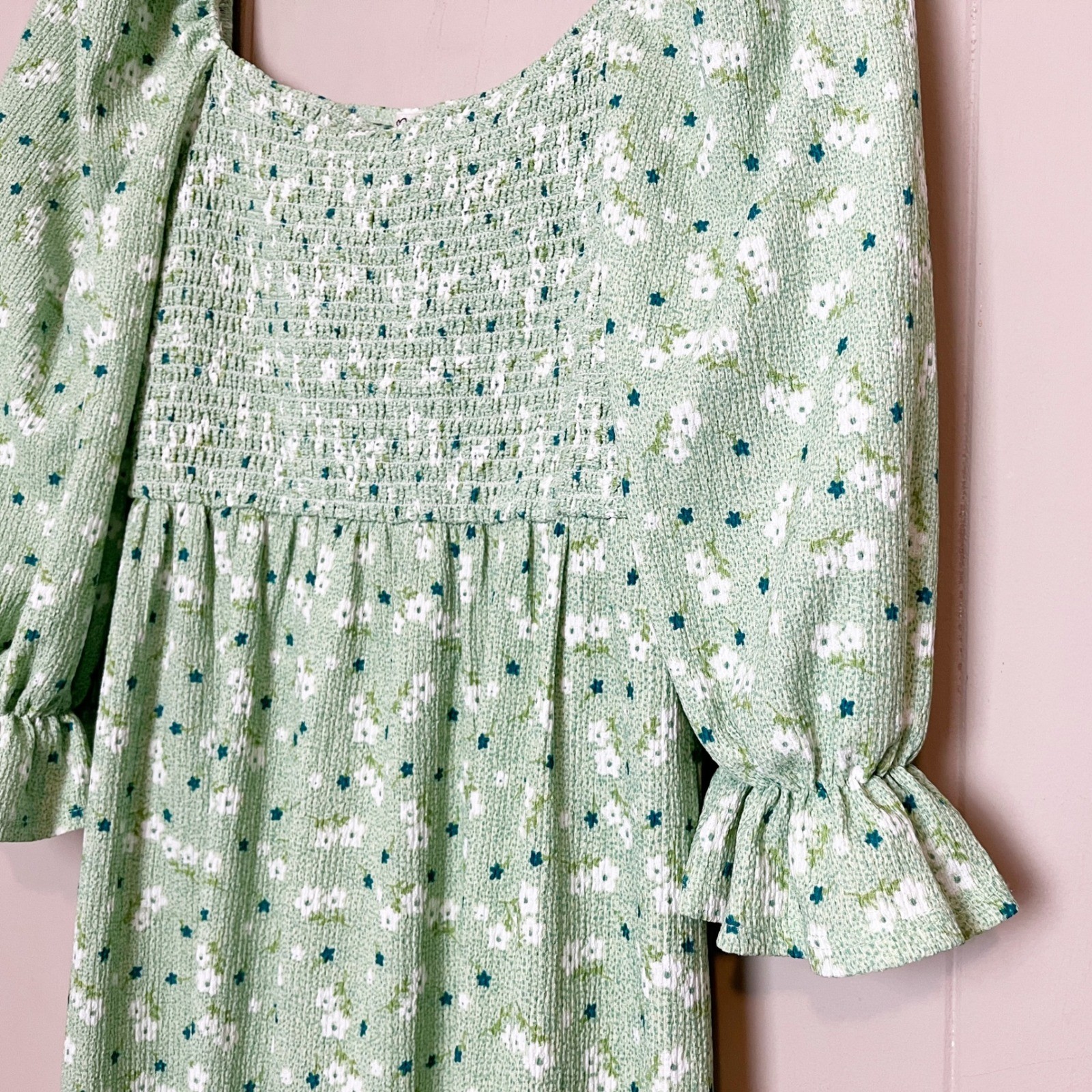 Miss Selfridge Green Floral Smocked Midi Dress 6 Puff Sleeve Milkmaid Cottage