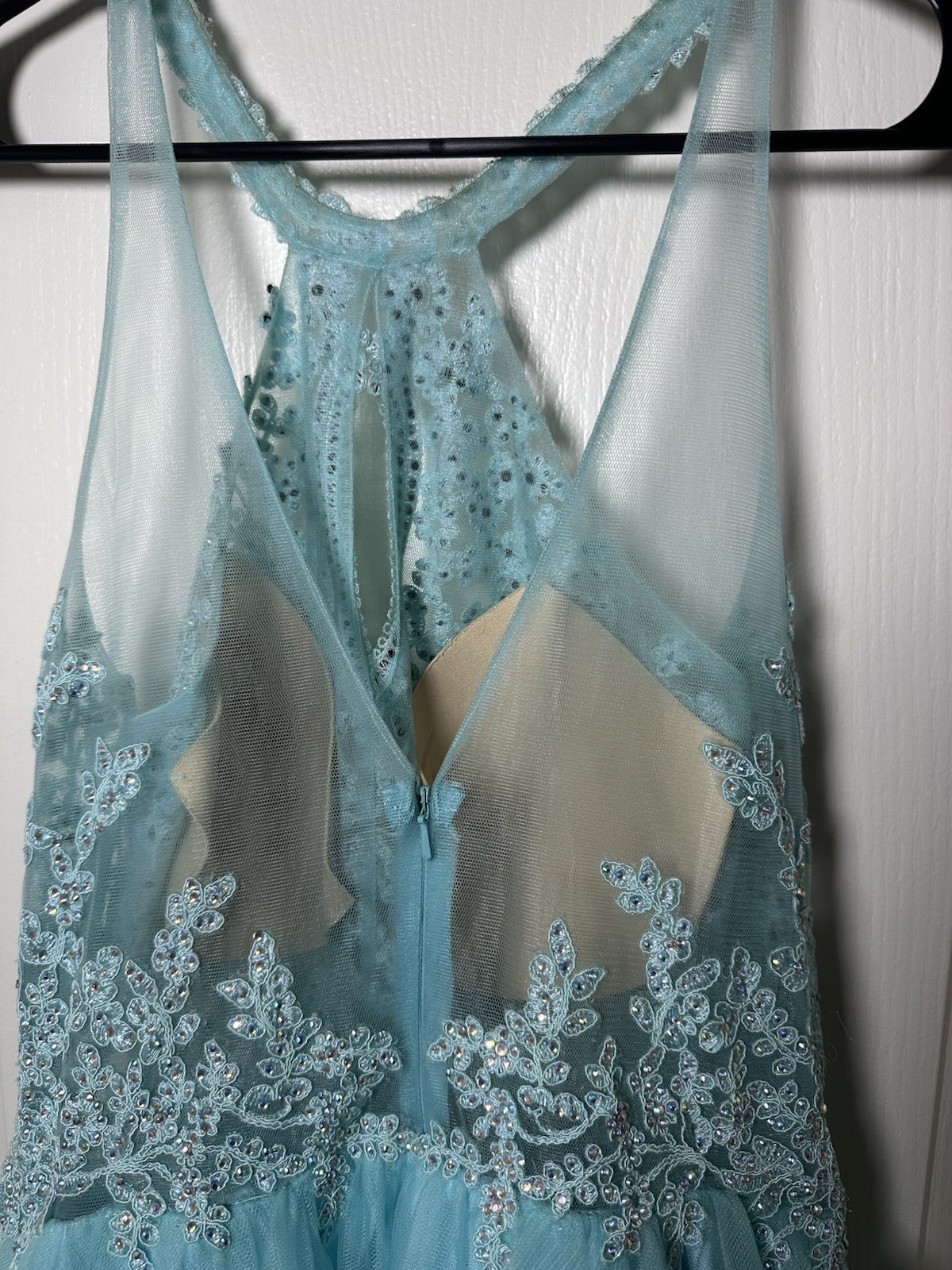 Dancing Queen Aqua Blue Beaded Halter Dress Short XL Prom Homecoming Formal