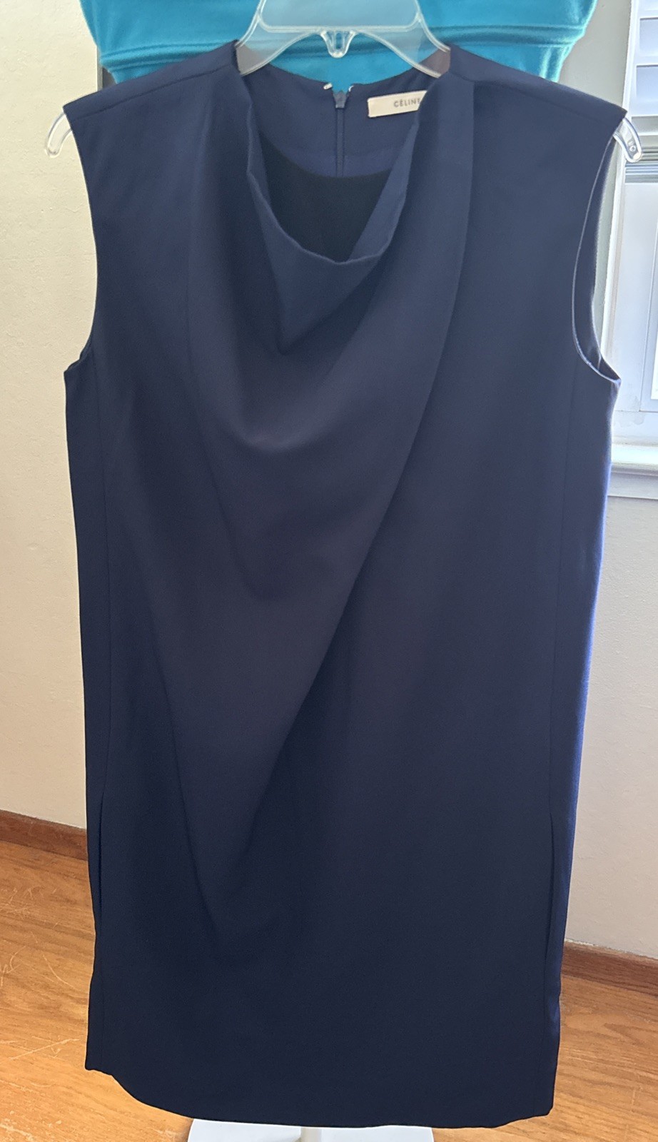 CELINE Phoebe Philo Navy Cowl Neck Sleeveless Dress Knee Length Sz 34 XS France
