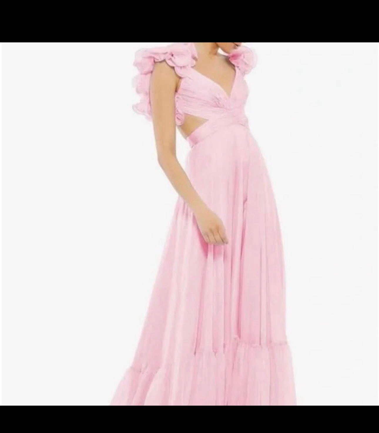 Women’s Pink Chiffon Maxi Dress V-Neck Ruffle Straps Lace-Up Open Back