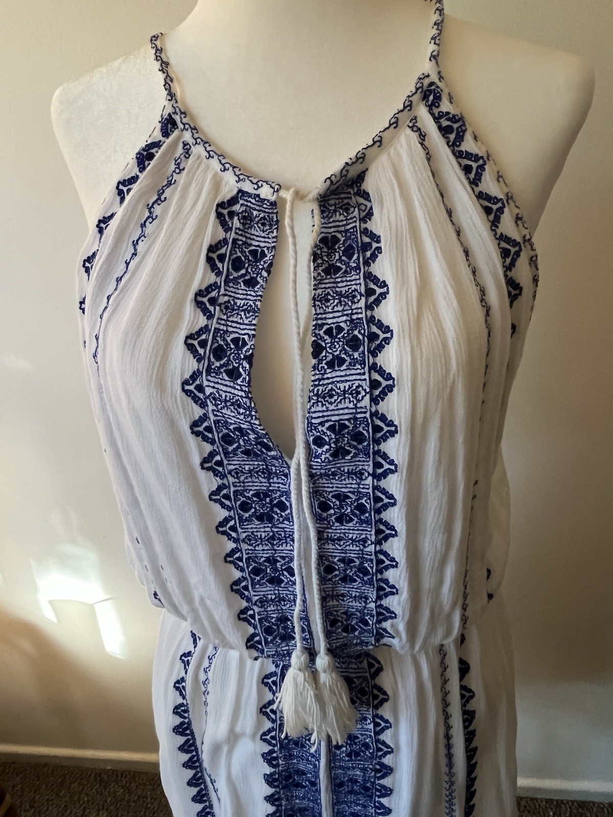 White Blue Embroidered Halter Neck Tassel Tie Elastic Waist Dress