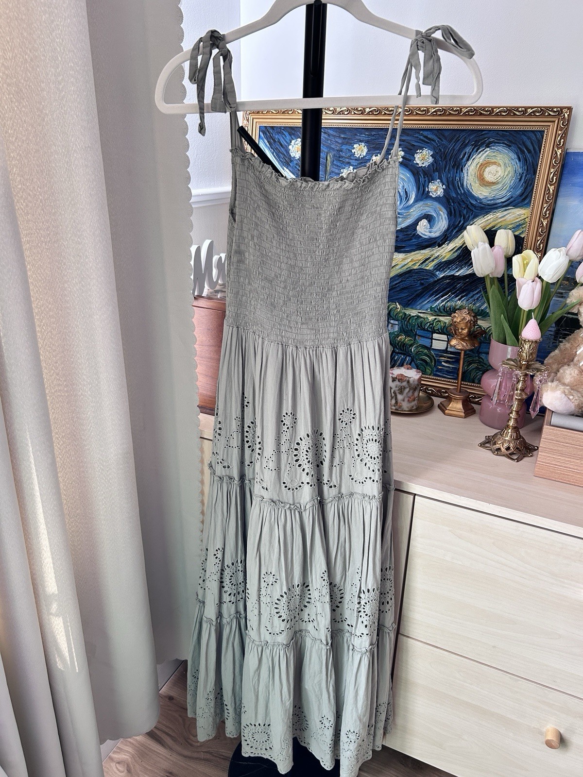 ZARA Green Solid Smocked Eyelet Tie Strap Sleeveless Maxi Long Dress XS
