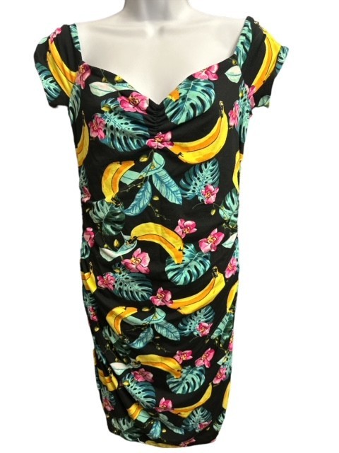 Guess Medium to Large Dress Black Form Fitting Tropical Banana Ruched Side Lined