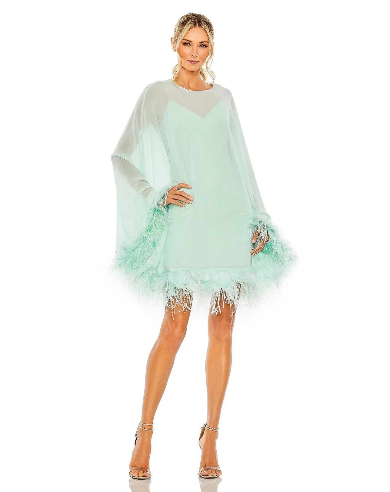 Mac Duggal Mint Green Long Sleeve Feather Trim Trapeze Minidress Size 10 $598