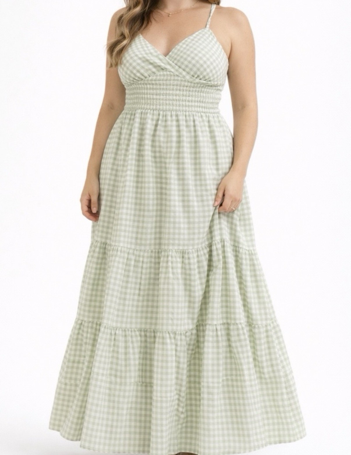 Altar’d State U166 Sage/Ivory Gingham Smocked Tiered V-Neck Maxi Sundress Size L
