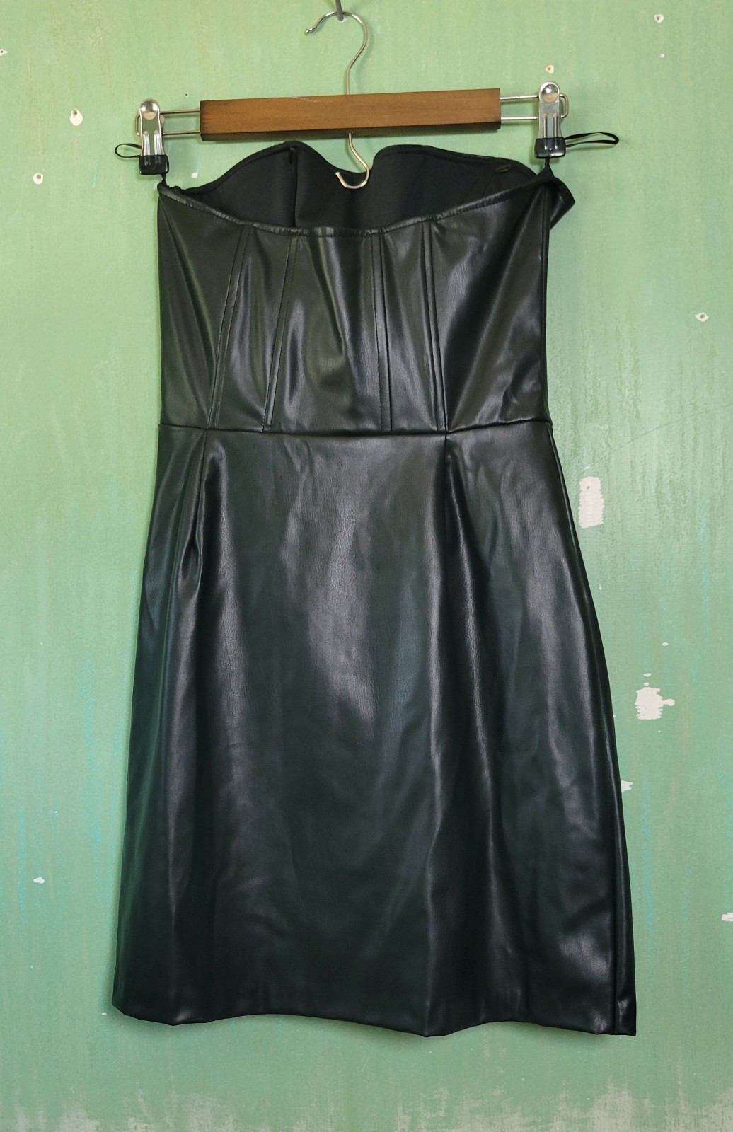 ZARA Black Strapless Faux Leather Ruched Mini Bodycon Dress Women’s M