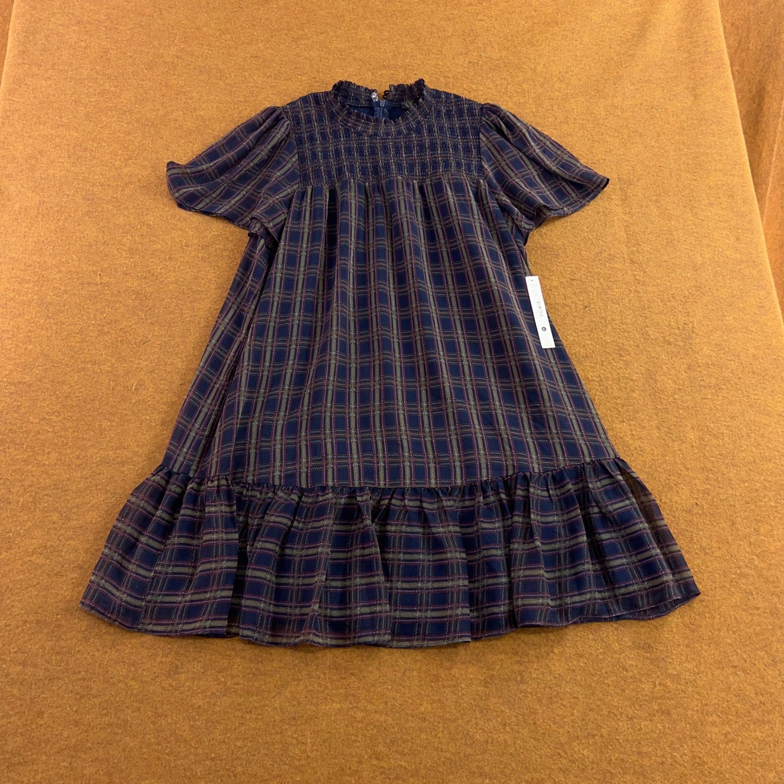 AQUA Womens Large Navy Plaid Smocked Ruffle Mini Dress NWT