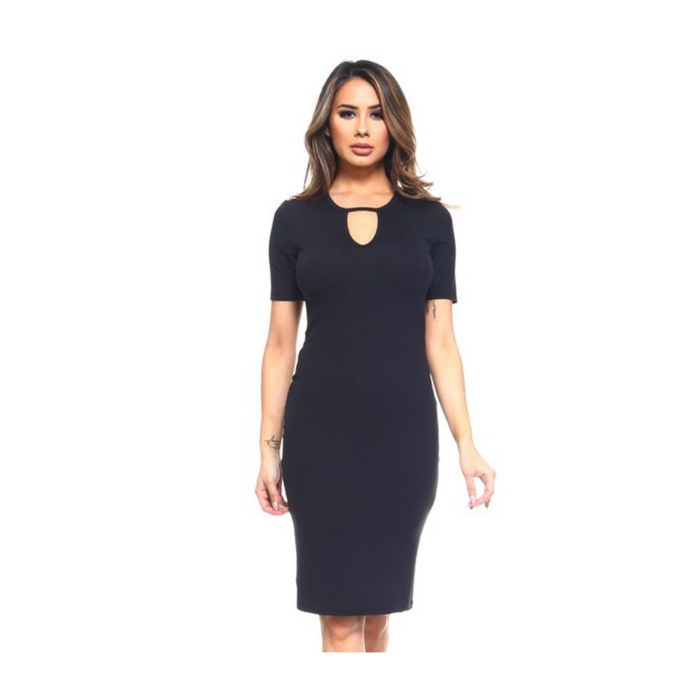 Yelete Keyhole Short Sleeve Midi Dress Knee Length Short Sleeve BLACK Sz LARGE