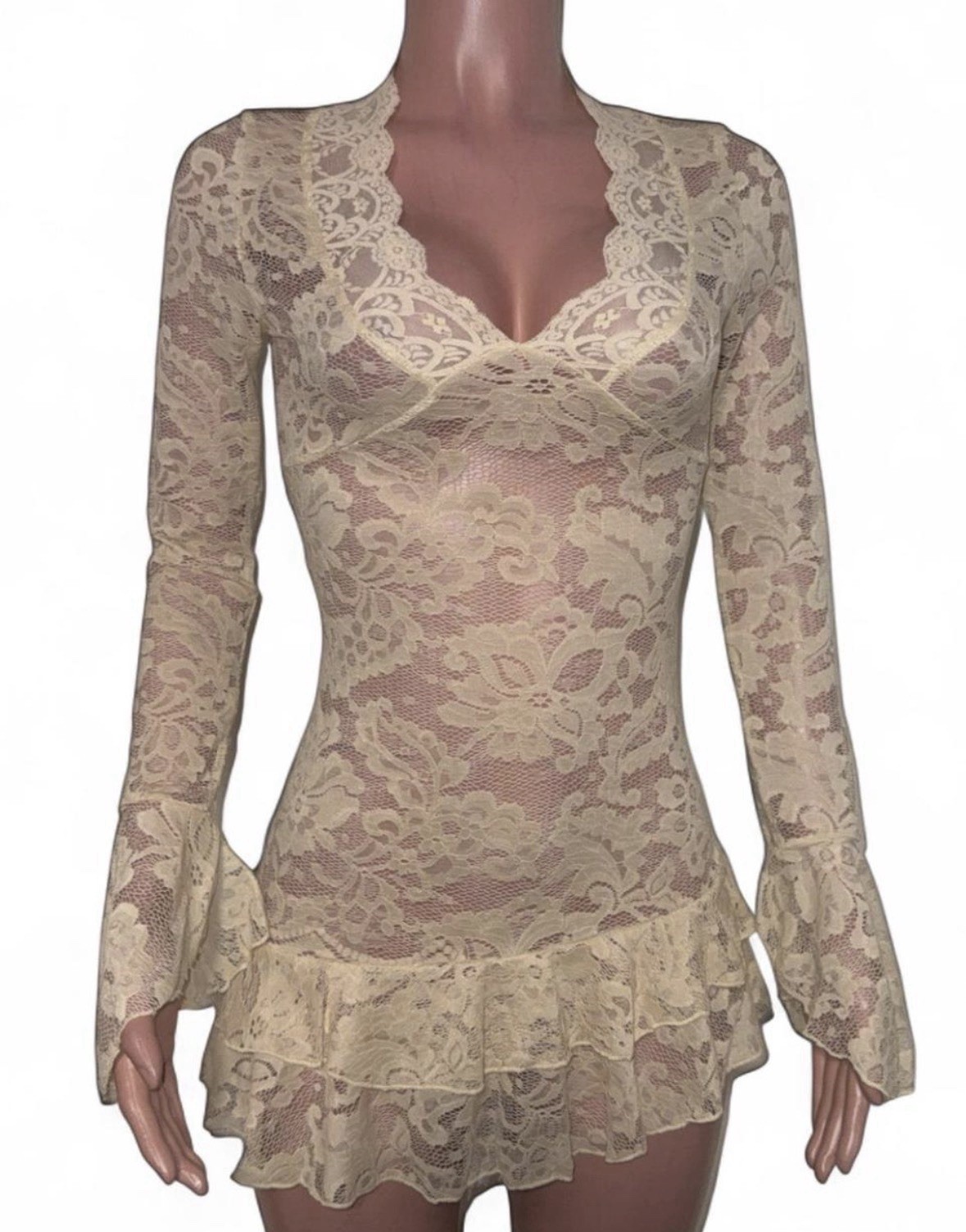 Fairy Taupe Lace Ruffled Micro Mini Dress M Festival Going Out See Thru Beachy