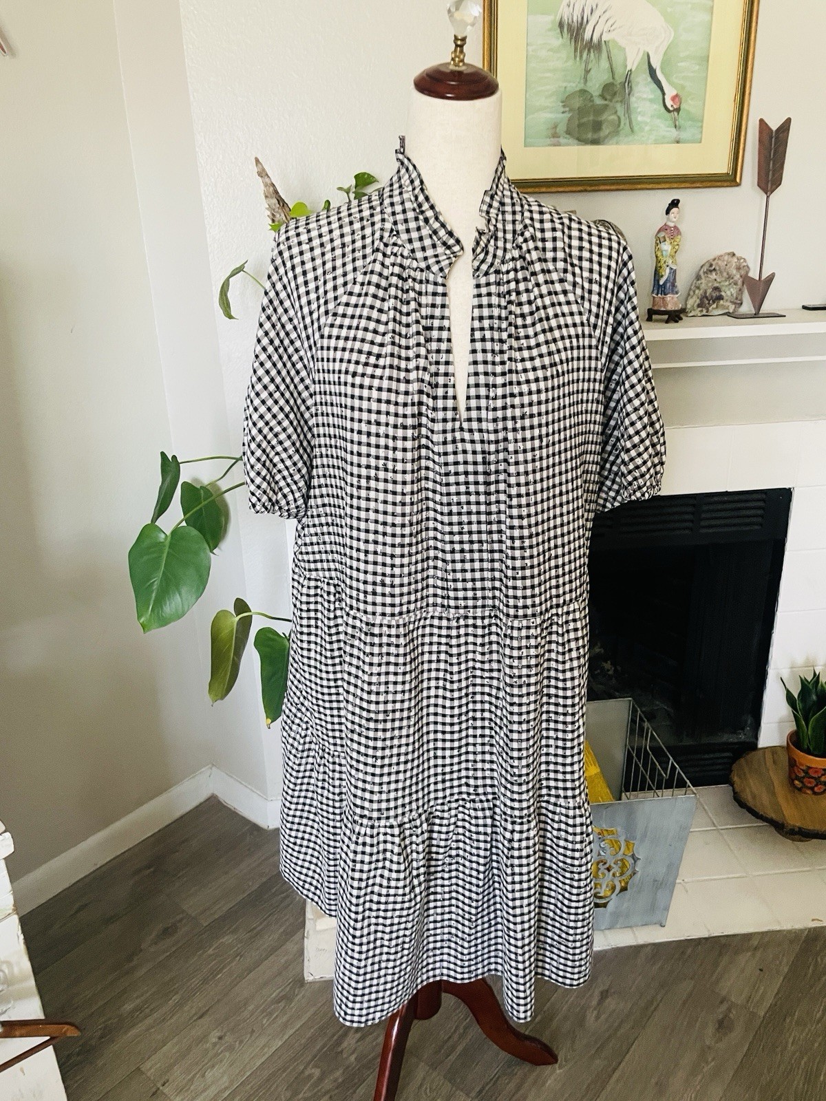 CeCe Black White 2X Gingham Tiered Midi Dress PuffSleeve Cottagecore Prairie