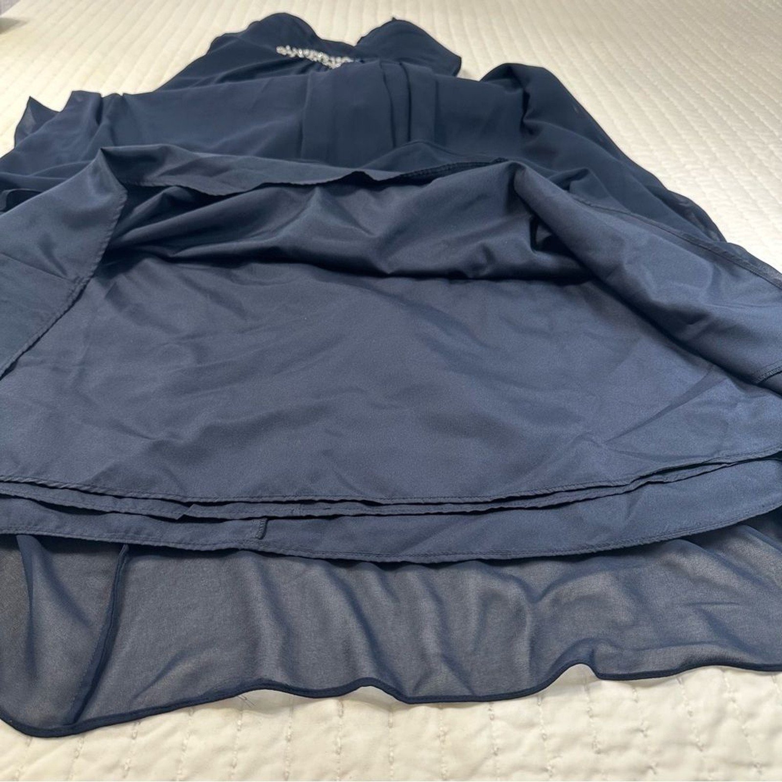 Bill Levkoff Strapless Chiffon With Straps Gown Navy Blue And Rhinestone Waist