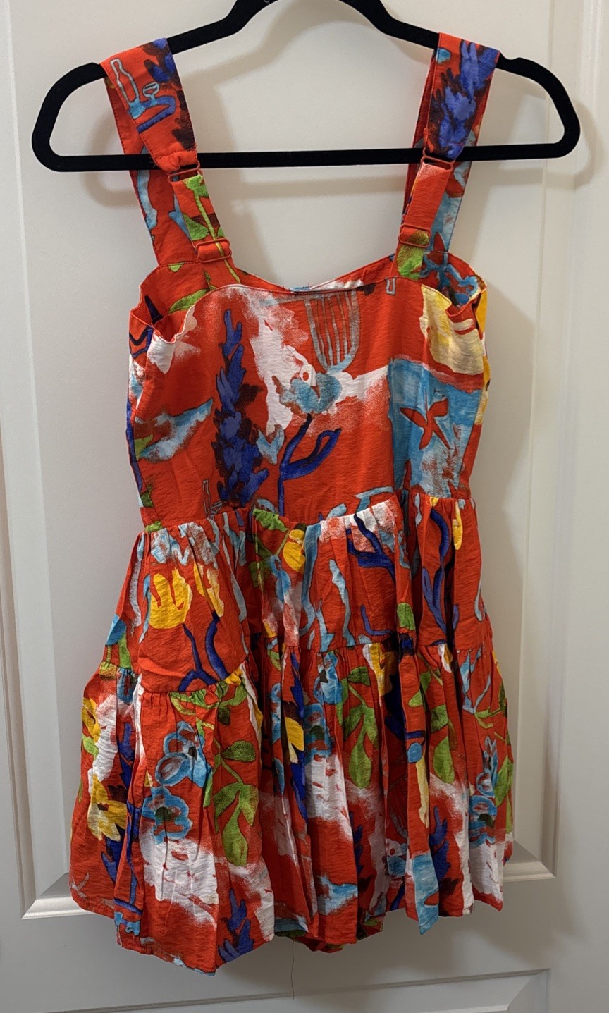 VICI Sleeveless Tiered Mini Dress Red Orange Adj Straps Floral size XS NEW