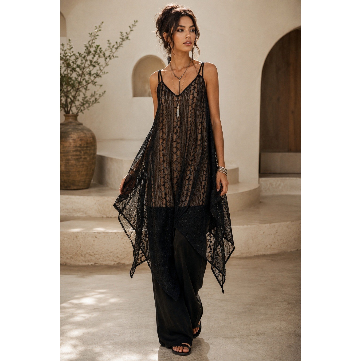 Bronte NWT Black Embroidered Mesh Handkerchief Hem Tunic Dress Boho S