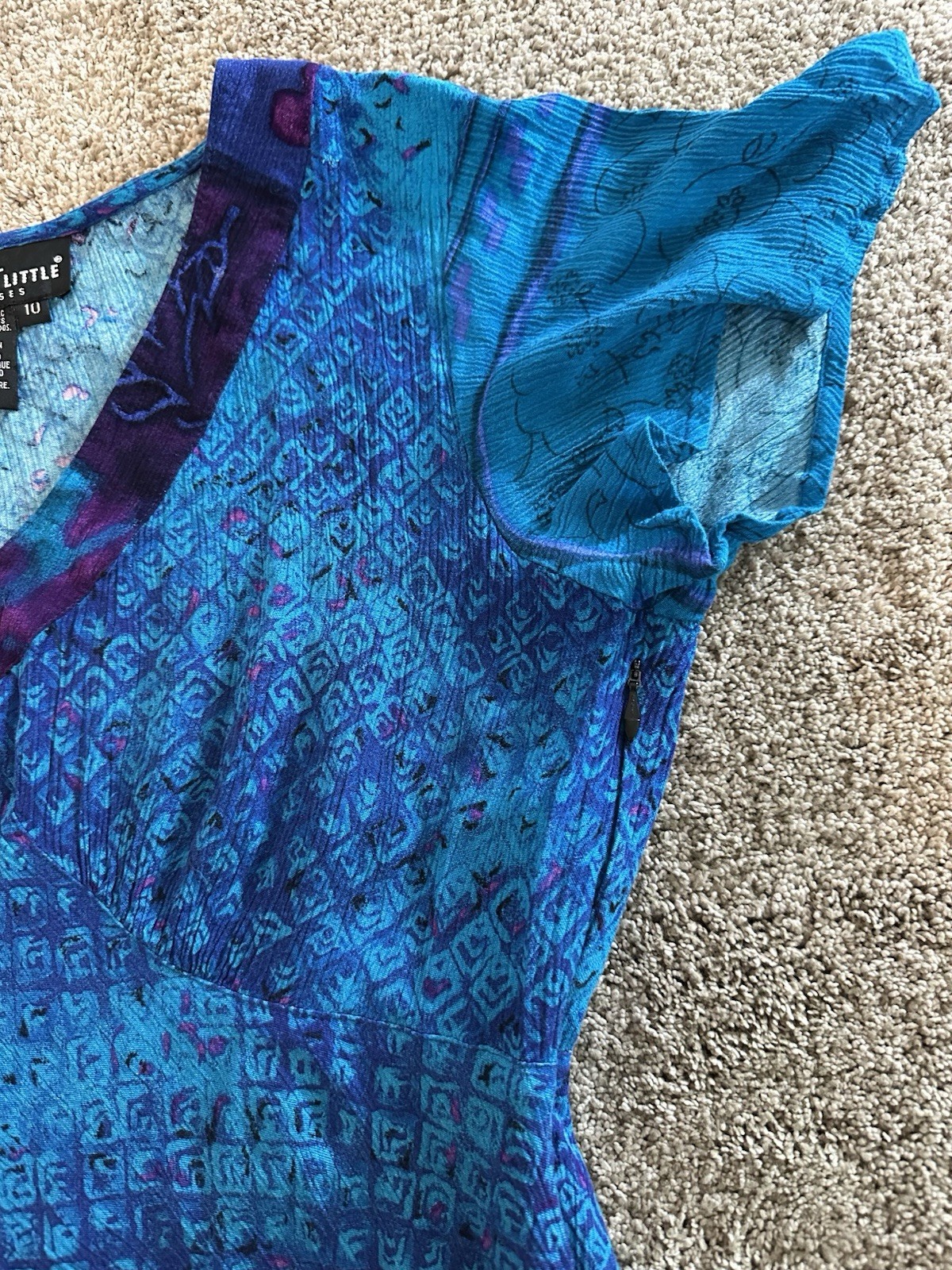 Vintage Carole Little Patchwork Maxi Dress Size 10 Blue Purple Short Sleeve Boho