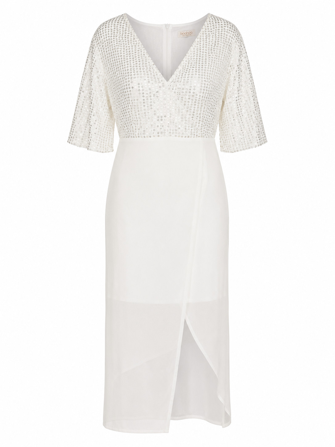 Boohoo Occasion White Sequin Midi Dress Angel Sleeve V Neck NWT Women’s