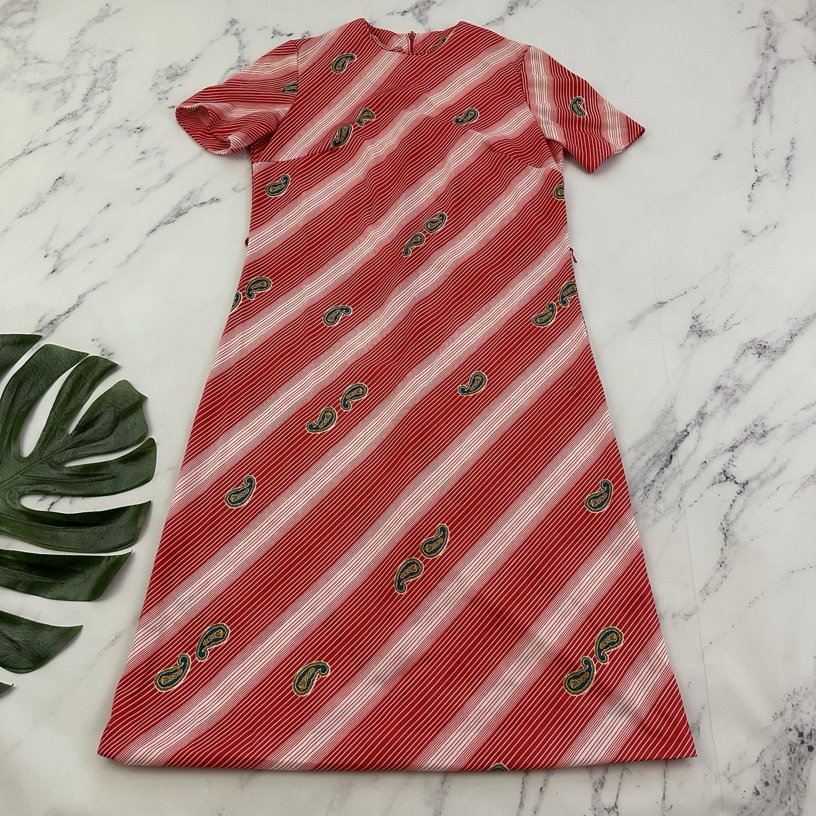 Womens Vintage 80s Shift Dress Size L Red Stripe Paisley Floral Midi Stretch
