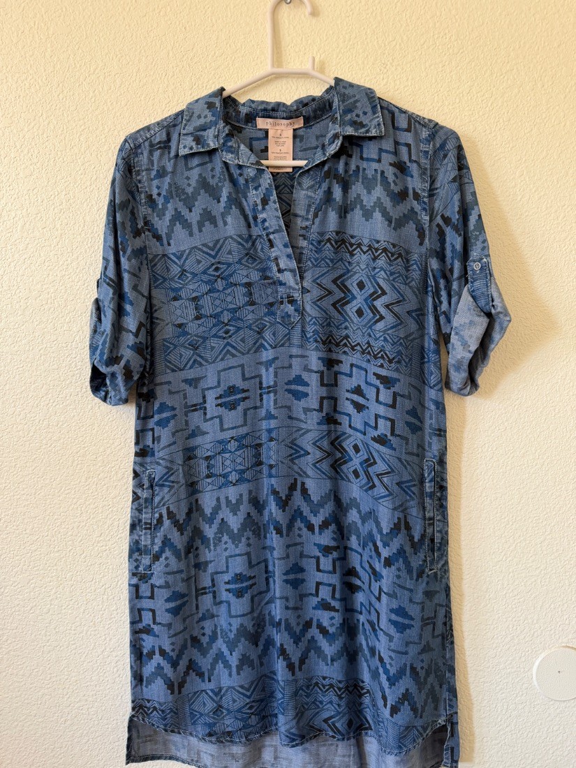 Philosophy Womens Aztec Print Chambray Shirt Dress Tencel Blue Size S