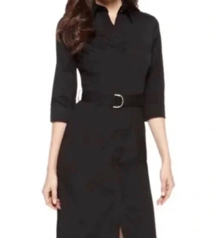 BOSS Hugo Boss black cotton stretch belted Dashina shirt dress Women’s US 6