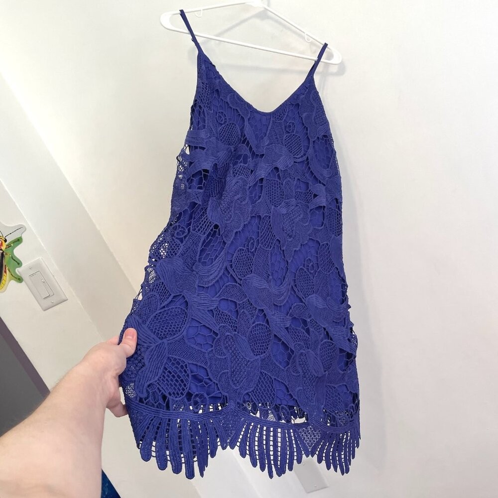 EXPRESS Crochet Trapeze V-Neck Mini Dress Indigo Purple / Blue Party 2016 Large