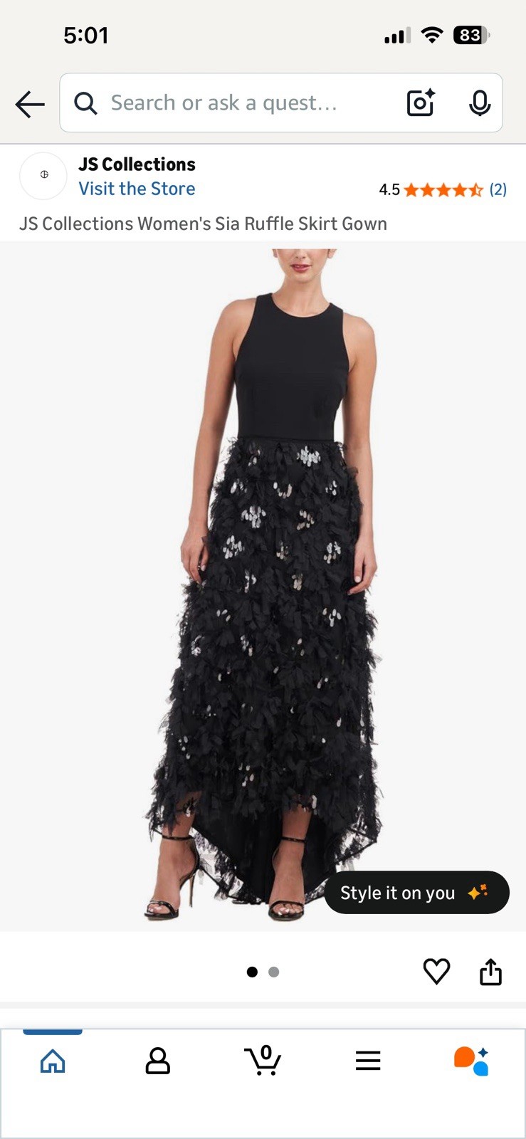 JS Collections Black Long Sleeveless Round Neck Hi-Low Ruffle Sequin Gown Sz 4