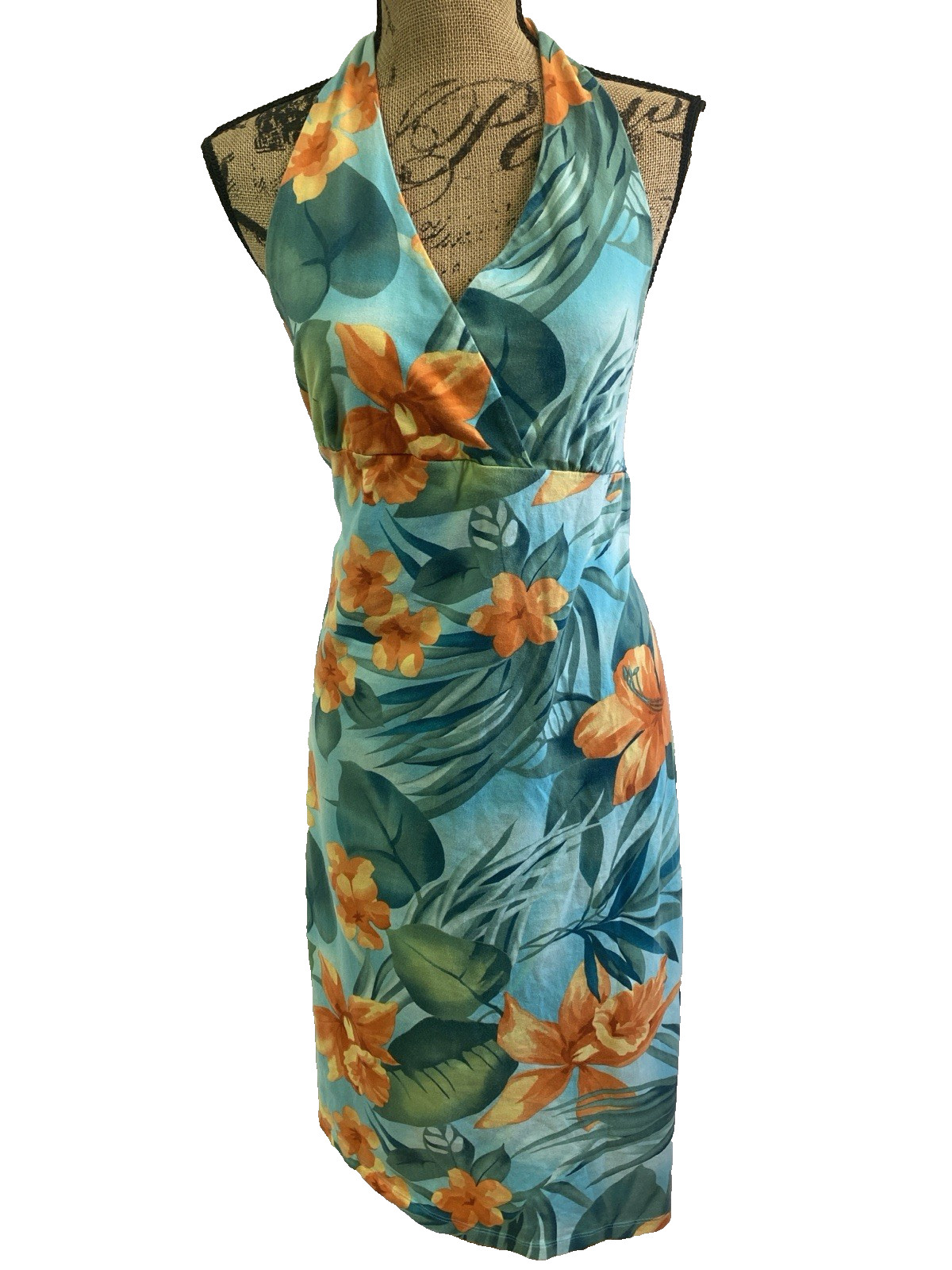 Women’s Caribbean Joe Blue Tropical Hawaiian Halter Dress Jersey Knit L