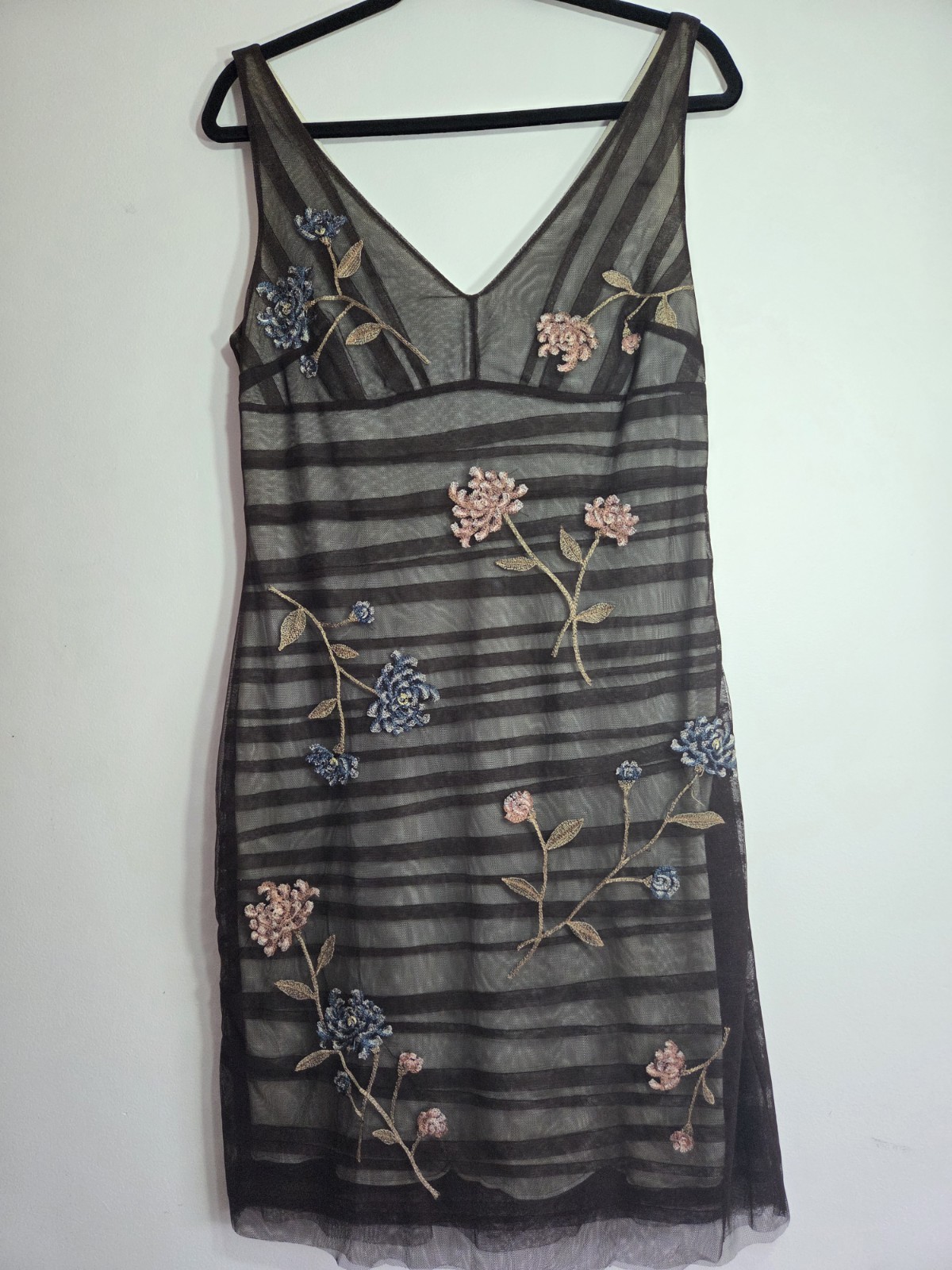 BASQUE Size 12 Brown Mesh Floral Embroidered A-Line Sleevess Dress