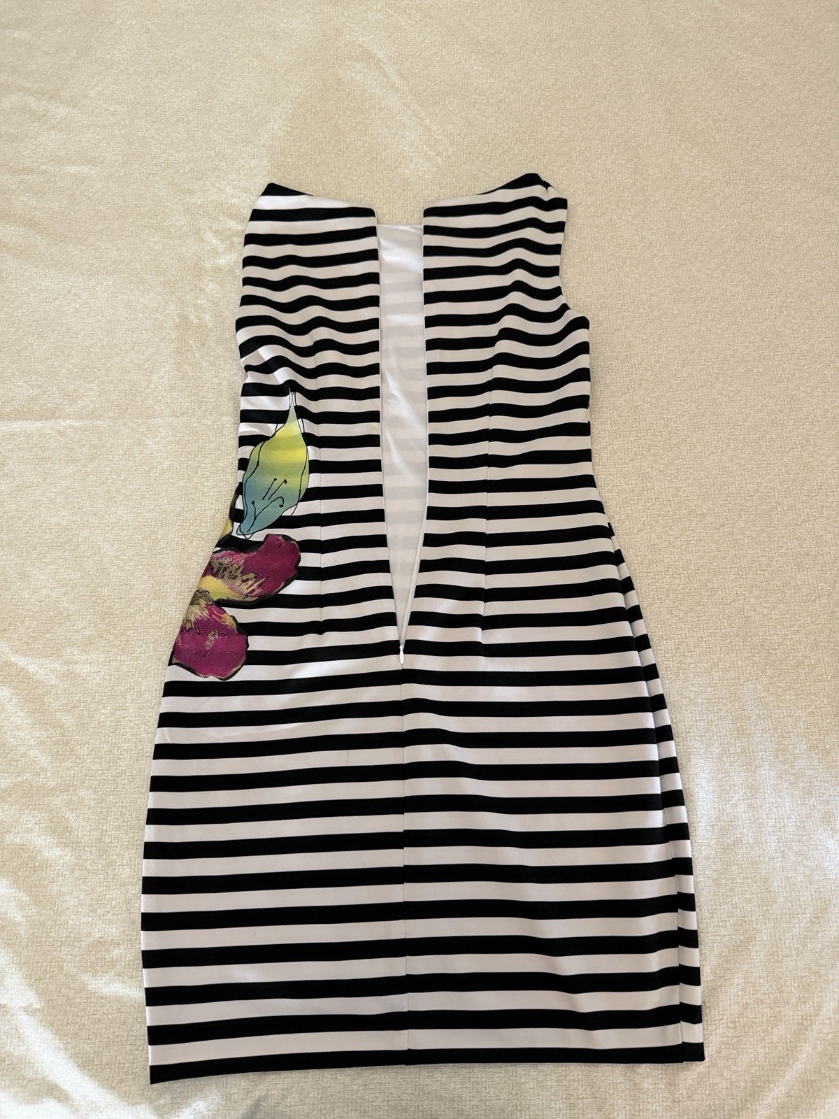 Cache Black/White Striped Floral Sheath Dress Sleeveless Stretch Lined Zip 10