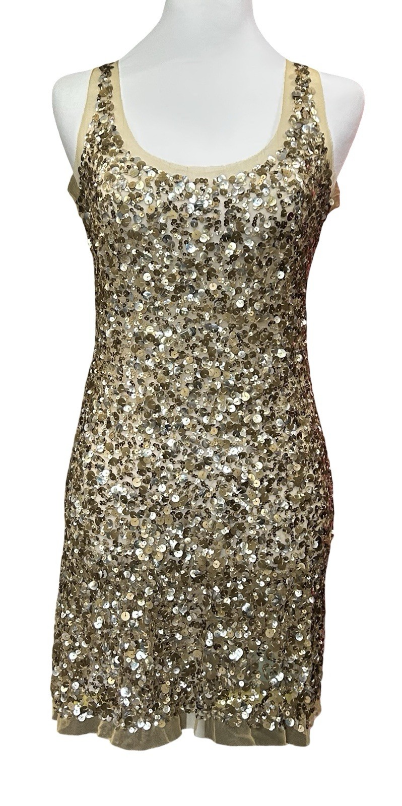 Arden B Gold Sequin Sheer Mesh Mini Dress XS S Party Glam Y2K Club Going Out