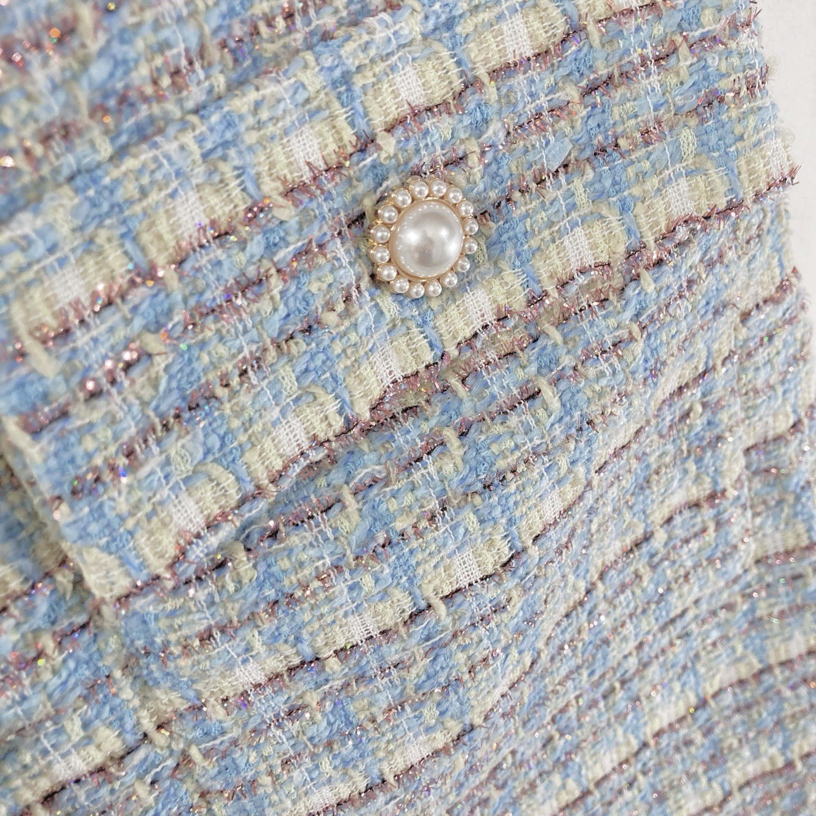 Euro Wool Tweed Pearl Button Front Woven Baby Blue Retro Dress Womens M NWT $140
