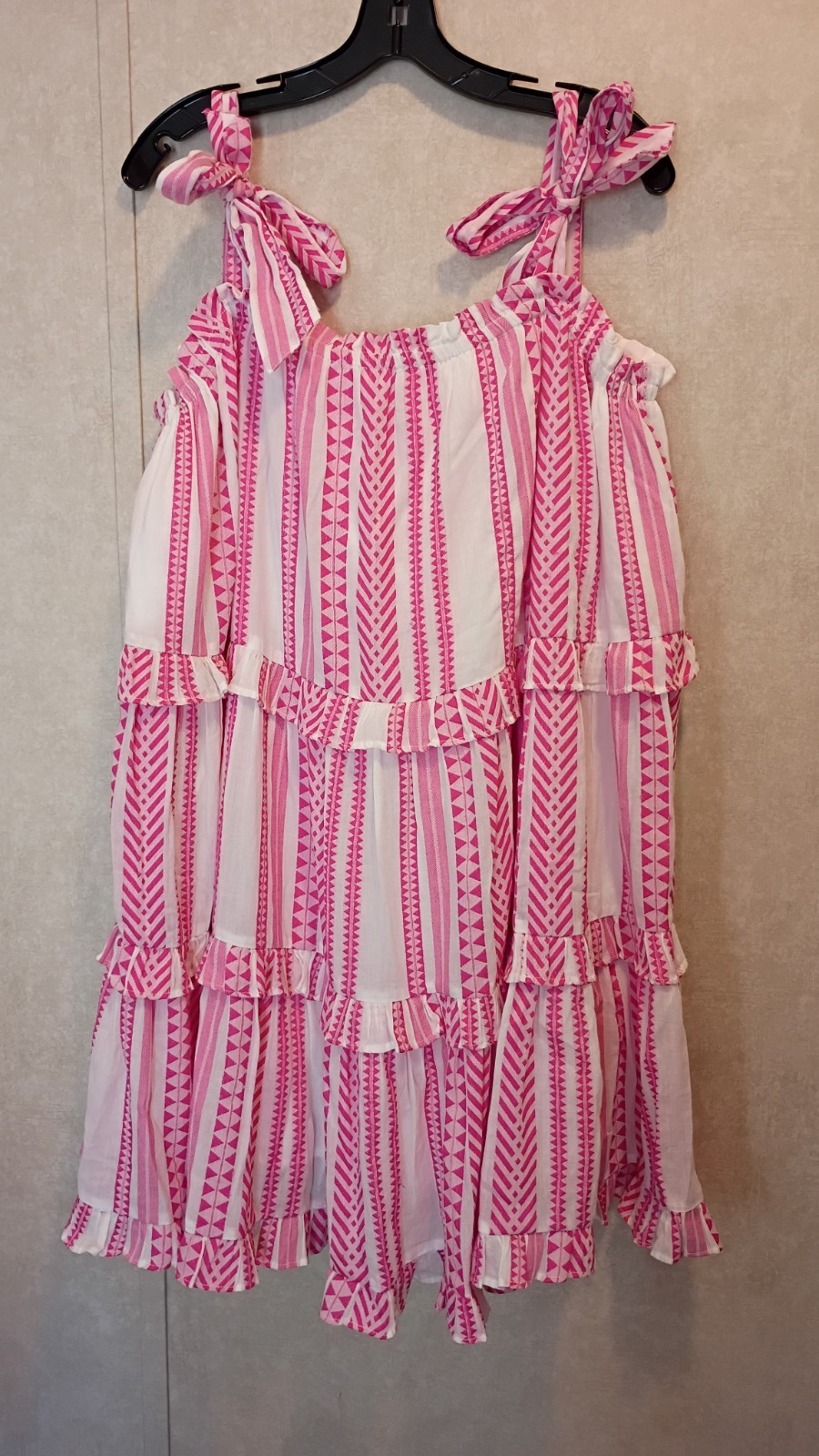 Crown & Ivy Womens Sundress XXL Pink White Geometric Square Neck Ruffle Tie