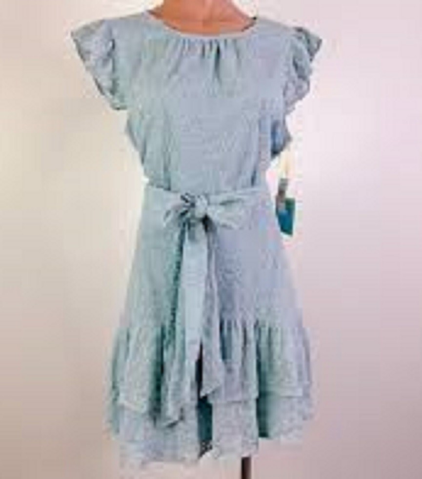 CeCe Chic Aqua Dusk Patterned Ruffle Dress, Size 10, light romantic style