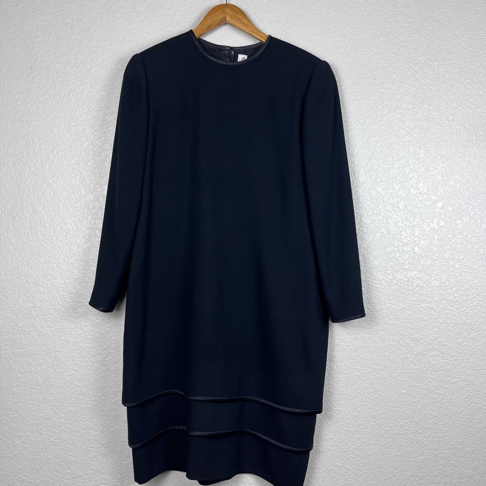 Vtg Neiman Marcus Shift Dress Womens M Wool Mod Tiered Ruffle Hem Modest LBD