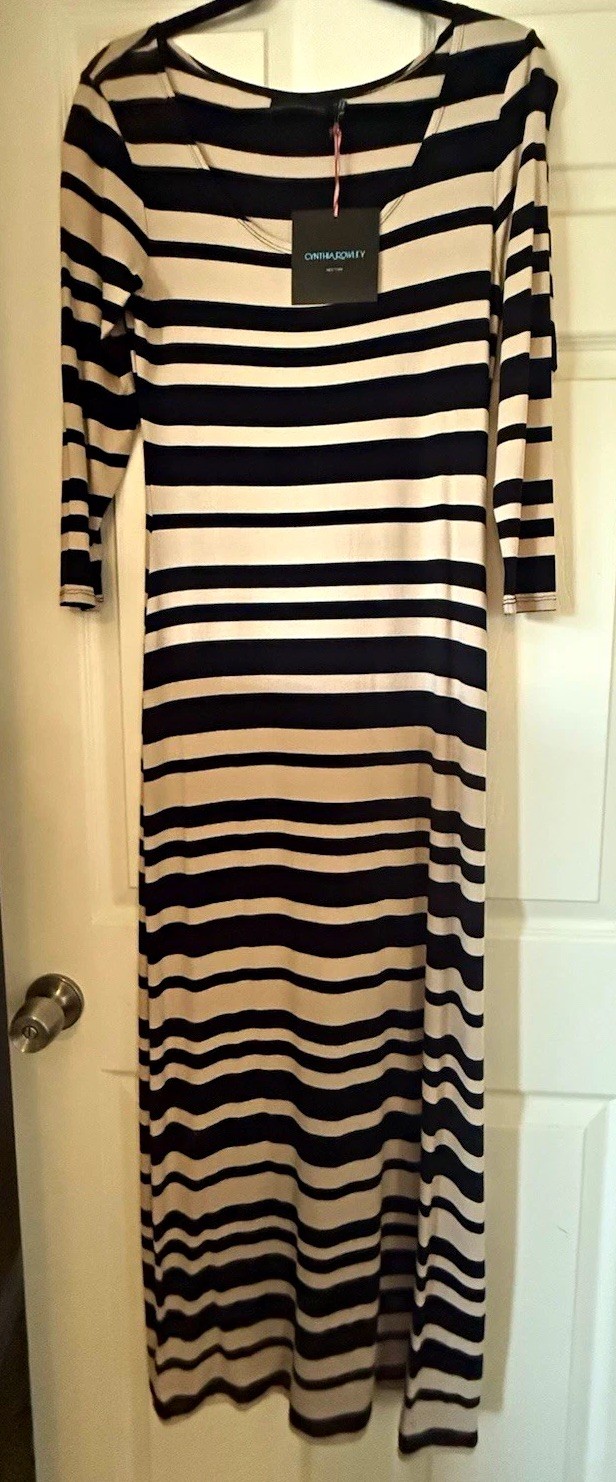 NWT Cynthia Rowley Women’s Stripe Maxi Dress Size S Black/ Beige 3/4 Sleeve